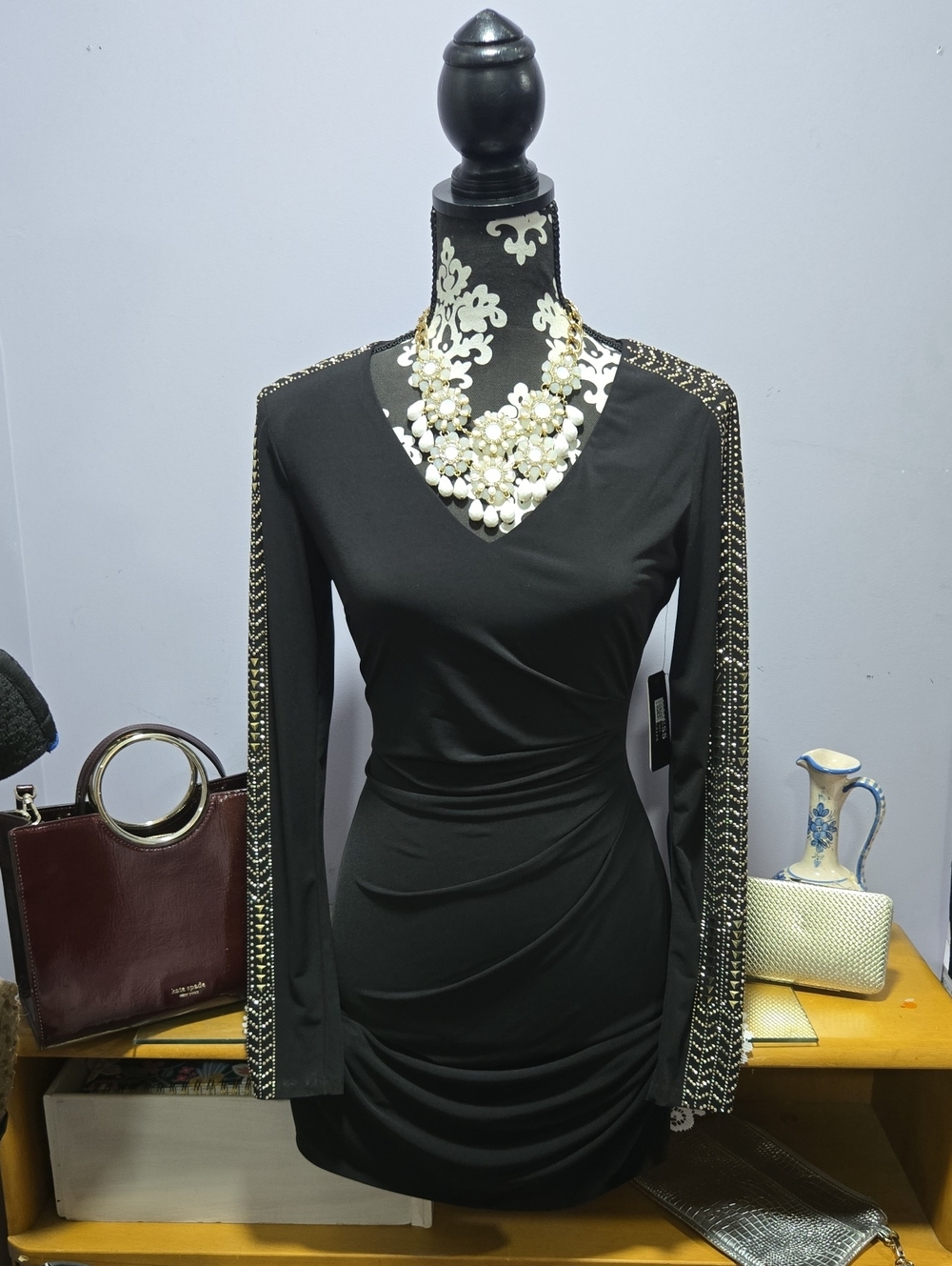 Guess Black Long-Sleeve V-Neck Dress with Gold Accent Trim